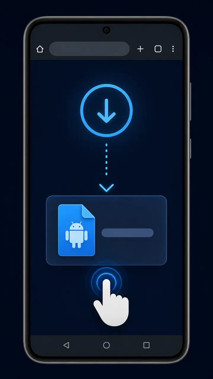 Схематичный экран Android с кнопкой загрузки и карточкой APK-файла без встроенного текста