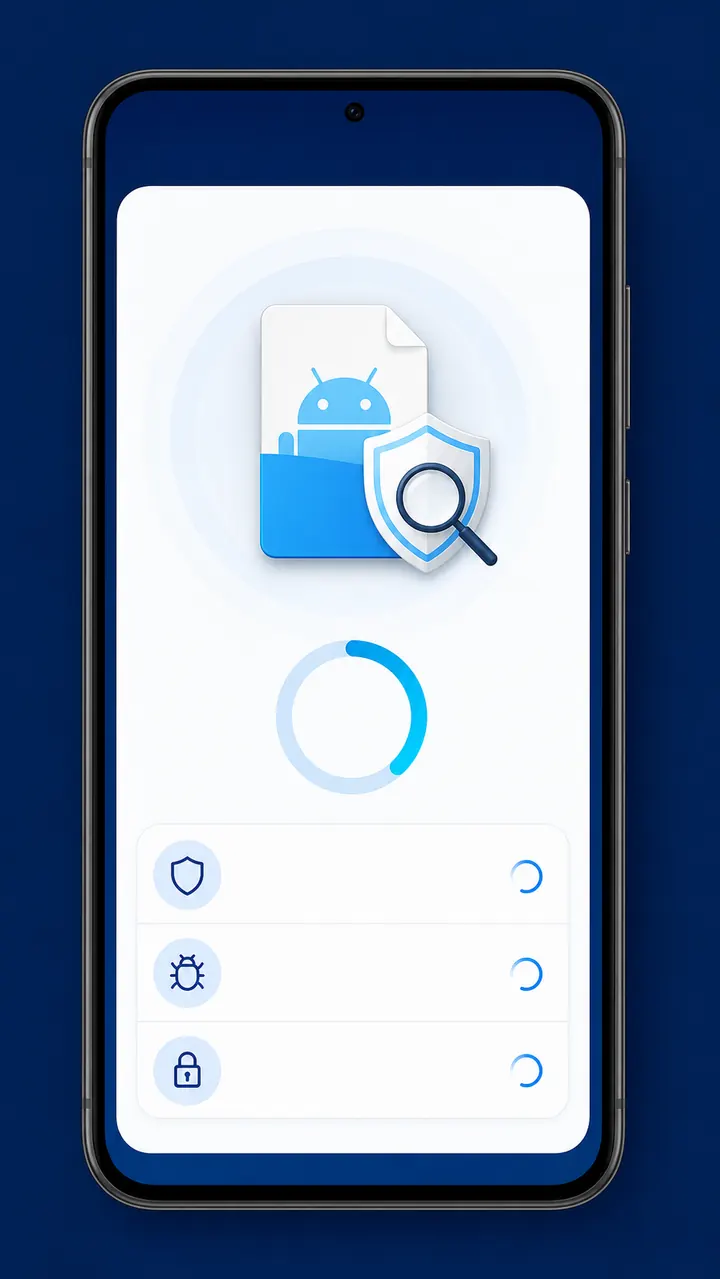 Схематичный экран Android с нейтральной проверкой APK-файла в процессе без заявления о результате